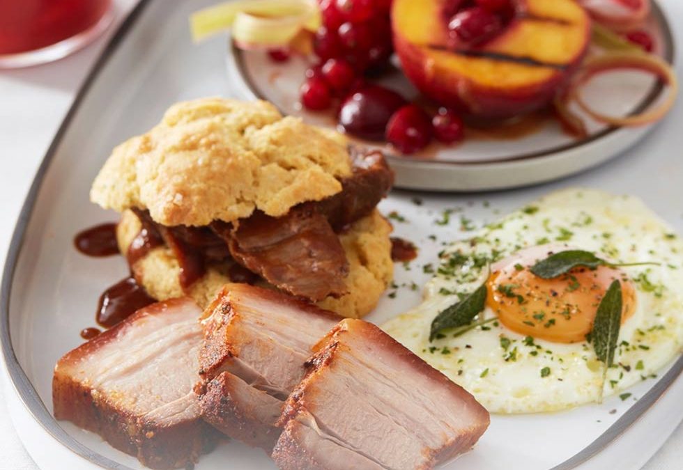 Crispy Pork Belly, Braised Pork Jowl with Sunny Side Up Egg, Drop Biscuits, Brandy Braised Peaches