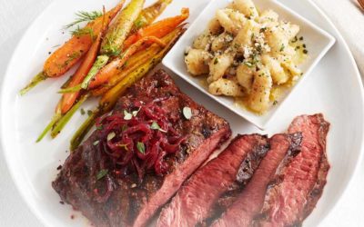 Grilled Flat Iron Steak with Red Onion Marmalade, Crispy Herbed Gnocchi and Baby Carrots