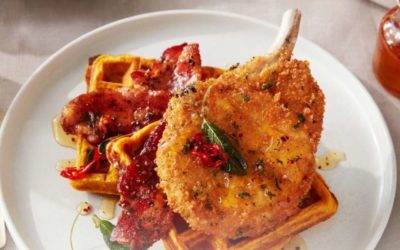 Pork Chop and Waffles – Breaded Pork Chop with Sweet Potato Waffles, Candied Bacon, Hot Honey Drizzle