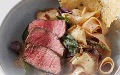 Sage Brown Butter Basted Tenderloin with Pappardelle Pasta, Oyster Mushrooms, Parmesan Tuille