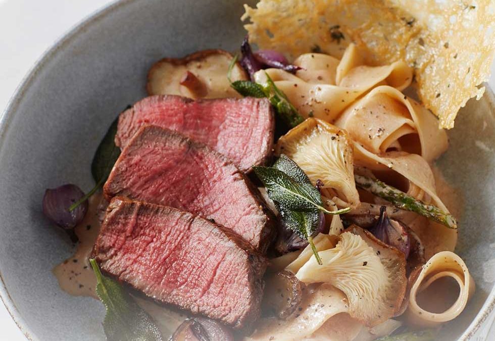 Sage Brown Butter Basted Tenderloin with Pappardelle Pasta, Oyster Mushrooms, Parmesan Tuille